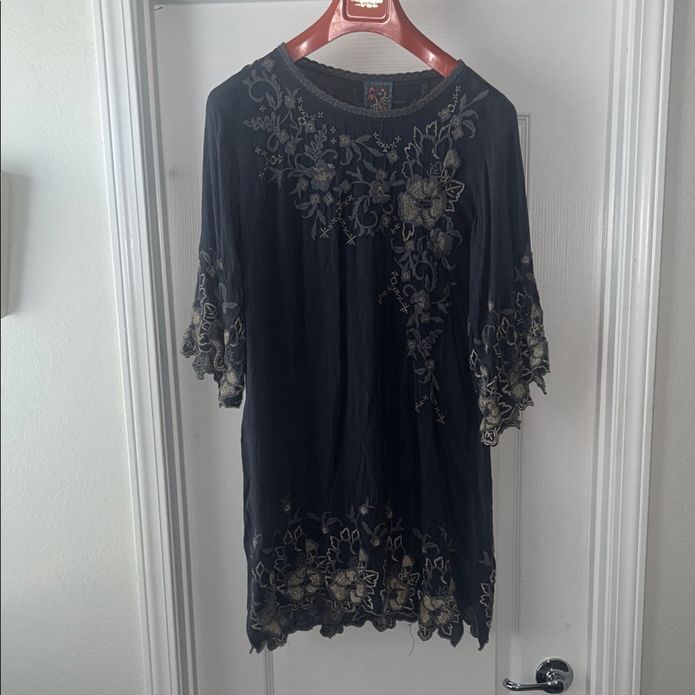 Johnny Was Black Tunic with Gold Floral Embroidery
